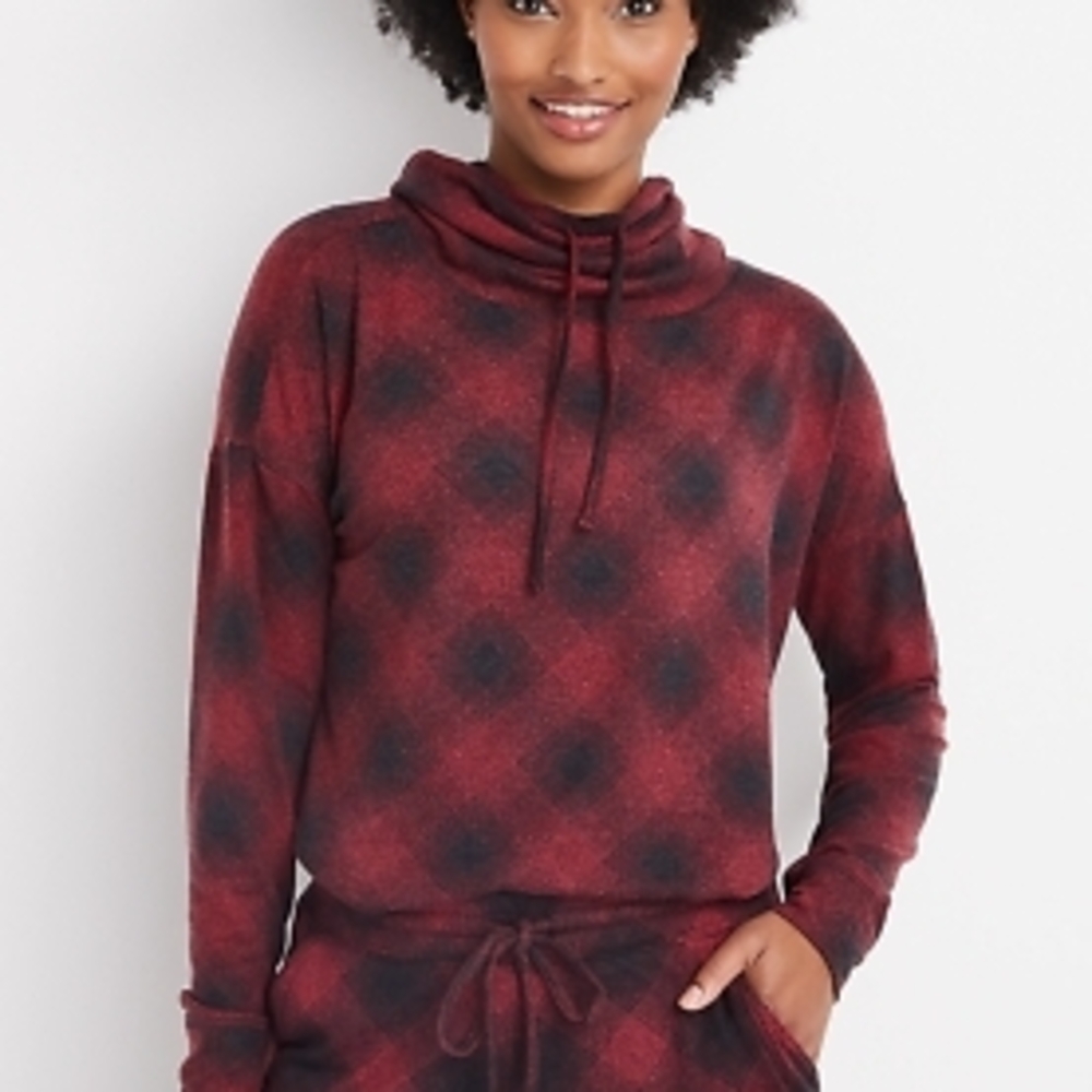 Maurices Red and Black Plaid Cowl Neck Sweater